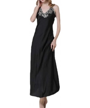 Nightgowns & Sleepshirts Women Sexy Lace Patchwork V Neck Soft Charmeuse Sling Nightgown - Black - CV199SMY6LS