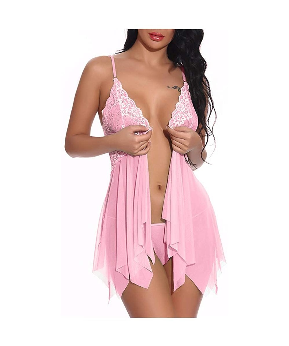 Baby Dolls & Chemises Women Lingerie Lace Babydoll V Neck Sleepwear Strap Chemise - Pink - CW19CKXHEGU