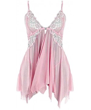 Baby Dolls & Chemises Women Lingerie Lace Babydoll V Neck Sleepwear Strap Chemise - Pink - CW19CKXHEGU