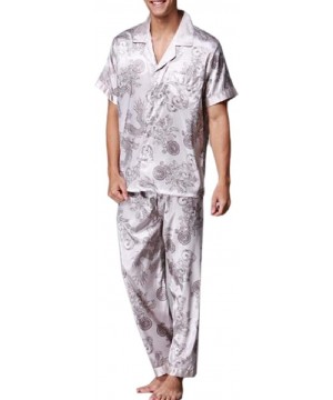 Sleep Sets Mens Satin Print Short-Sleeve Pajamas with Button Sleepwear Set - Grey - CW190STMK4K