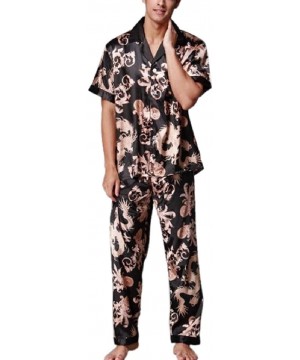 Sleep Sets Mens Satin Print Short-Sleeve Pajamas with Button Sleepwear Set - Grey - CW190STMK4K