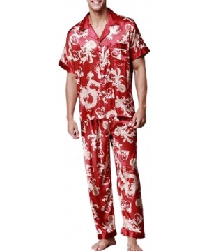 Sleep Sets Mens Satin Print Short-Sleeve Pajamas with Button Sleepwear Set - Grey - CW190STMK4K