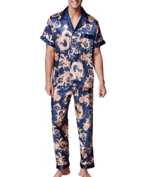 Sleep Sets Mens Satin Print Short-Sleeve Pajamas with Button Sleepwear Set - Grey - CW190STMK4K