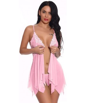 Baby Dolls & Chemises Women Lingerie Lace Babydoll V Neck Sleepwear Strap Chemise - Pink - CW19CKXHEGU