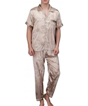 Sleep Sets Mens Satin Print Short-Sleeve Pajamas with Button Sleepwear Set - Grey - CW190STMK4K