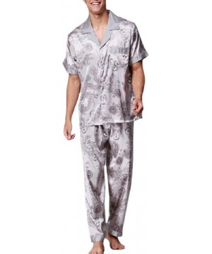 Sleep Sets Mens Satin Print Short-Sleeve Pajamas with Button Sleepwear Set - Grey - CW190STMK4K