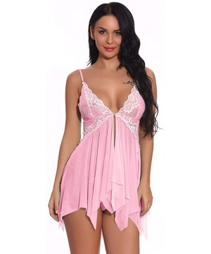 Baby Dolls & Chemises Women Lingerie Lace Babydoll V Neck Sleepwear Strap Chemise - Pink - CW19CKXHEGU