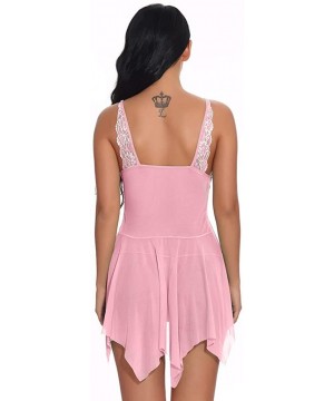 Baby Dolls & Chemises Women Lingerie Lace Babydoll V Neck Sleepwear Strap Chemise - Pink - CW19CKXHEGU