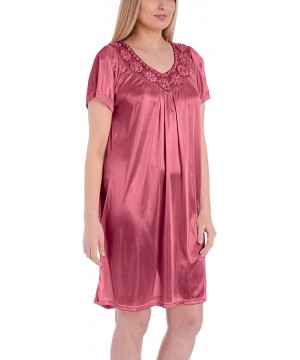 Nightgowns & Sleepshirts Women's Satin Silk Short Sleeve Fine Sequin Nightgown - Fuschia - CP11YUIHTK9