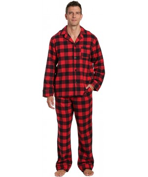 Sleep Sets Mens 100% Cotton Flannel Pajama Set with Pant Pockets & Drawstring - Buffalo Plaid Red-black - CX182DL6H6T