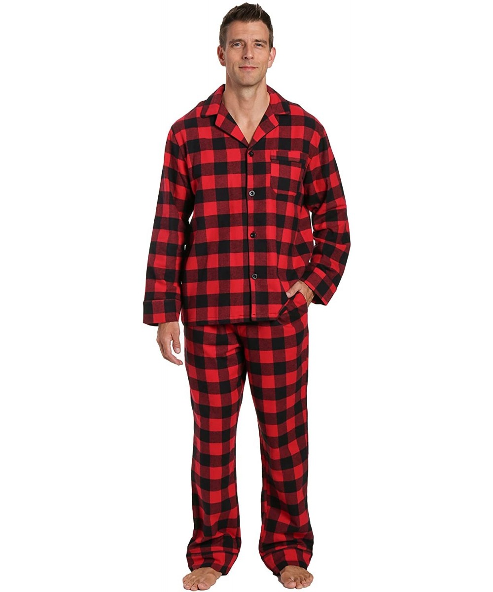 Sleep Sets Mens 100% Cotton Flannel Pajama Set with Pant Pockets & Drawstring - Buffalo Plaid Red-black - CX182DL6H6T