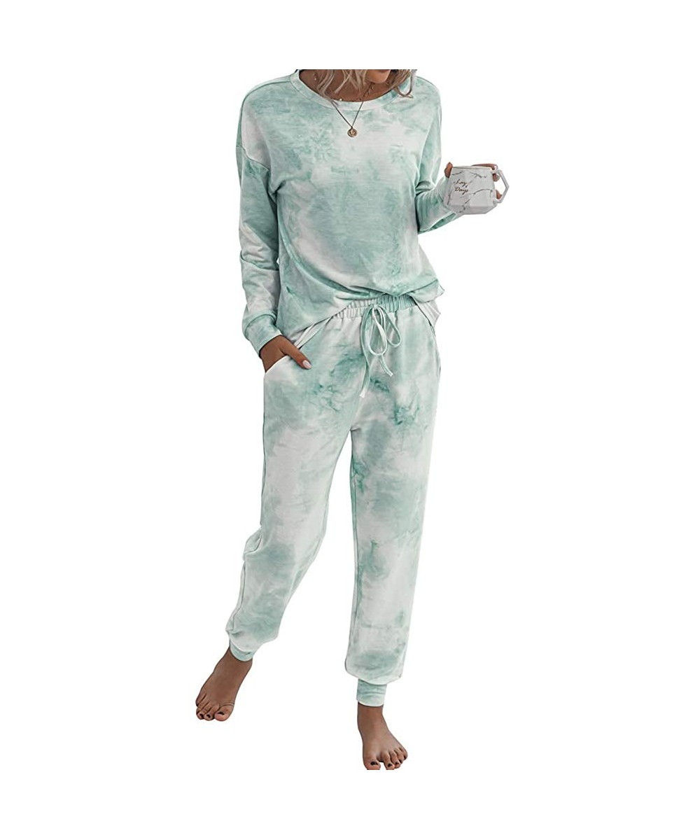 Sets Women Tie-dye Pajamas Two Piece Sets Casual Round Neck Long-Sleeved Top - Green - C319DIGUD80