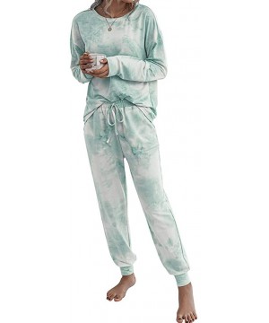 Sets Women Tie-dye Pajamas Two Piece Sets Casual Round Neck Long-Sleeved Top - Green - C319DIGUD80