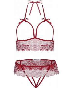 Baby Dolls & Chemises Women's 2 Piece Lingerie Set Lace Bras and Panty Set - Wine Red - CK18RXW8I5U