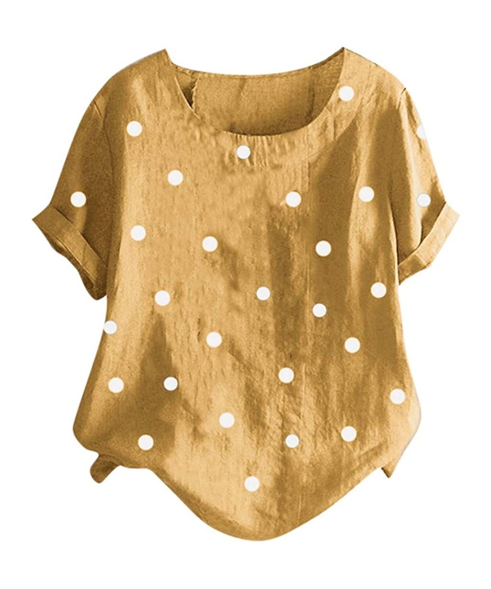 Slips Plus Size Women Casual Tees Tops O Neck Short Sleeve Dot Print Loose Tunic T-Shirt Comfort Fit Blouse - Yellow - CV18WL...