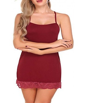 Nightgowns & Sleepshirts Women's Sexy Lace Chemise Nightgown Spaghetti Strap Milk Silk Nightdress Slips Loungewear - Red - C7...