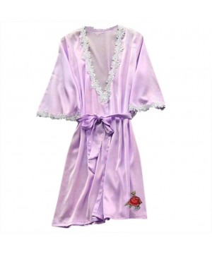 Nightgowns & Sleepshirts Bride Robe Wedding-Women's Satin Kimono Bathrobe-Sexy Silk Dressing Gown Lace Trim Flower Sleepwear ...