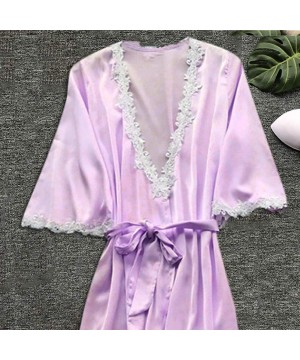 Nightgowns & Sleepshirts Bride Robe Wedding-Women's Satin Kimono Bathrobe-Sexy Silk Dressing Gown Lace Trim Flower Sleepwear ...