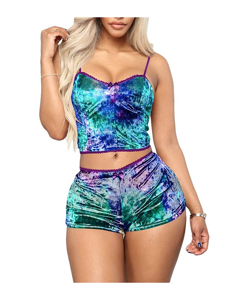 Sets Women Tie-Dye Pyjamas Set Spaghetti Straps Crop Top + Elastic Waist Shorts 2 Piece Casual Velvet Sleepwear Sexy Outfit -...