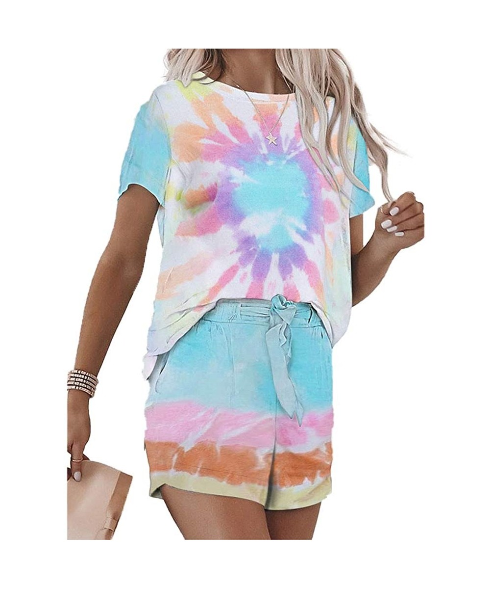 Sets Womens Tie Dye Printed Ruffle Pajamas Set Short Sleeve Tops and Shorts Summer Sleepwear Loungewear - A Sunflower - CX190...