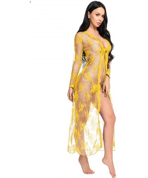 Nightgowns & Sleepshirts Lingerie for Women Sexy Long Lace Dress Sheer Gown See Through Kimono Robe - Yellow - CO1988A2EKK