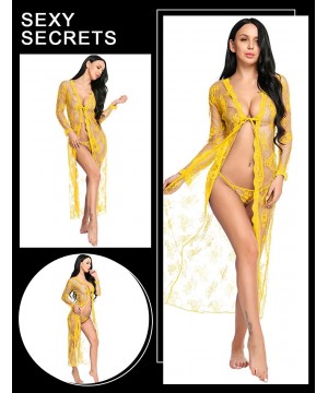 Nightgowns & Sleepshirts Lingerie for Women Sexy Long Lace Dress Sheer Gown See Through Kimono Robe - Yellow - CO1988A2EKK