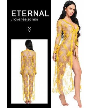 Nightgowns & Sleepshirts Lingerie for Women Sexy Long Lace Dress Sheer Gown See Through Kimono Robe - Yellow - CO1988A2EKK