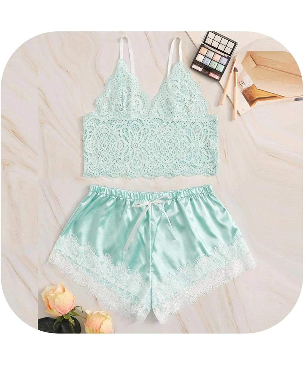 Nightgowns & Sleepshirts Women Striped Satin Silk Lace Sleepwear Lace Floral V Neck Sleeveless Lingerie Tops+Nightwear - Gree...