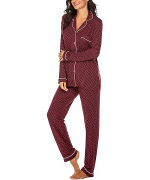 Sets Pajamas Set Long Sleeve Sleepwear Womens Button Down Nightwear Soft Pj Lounge Sets XS XXL Wine Red With Brown Dots - CX1...