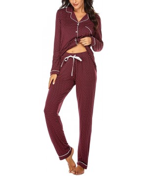 Sets Pajamas Set Long Sleeve Sleepwear Womens Button Down Nightwear Soft Pj Lounge Sets XS XXL Wine Red With Brown Dots - CX1...