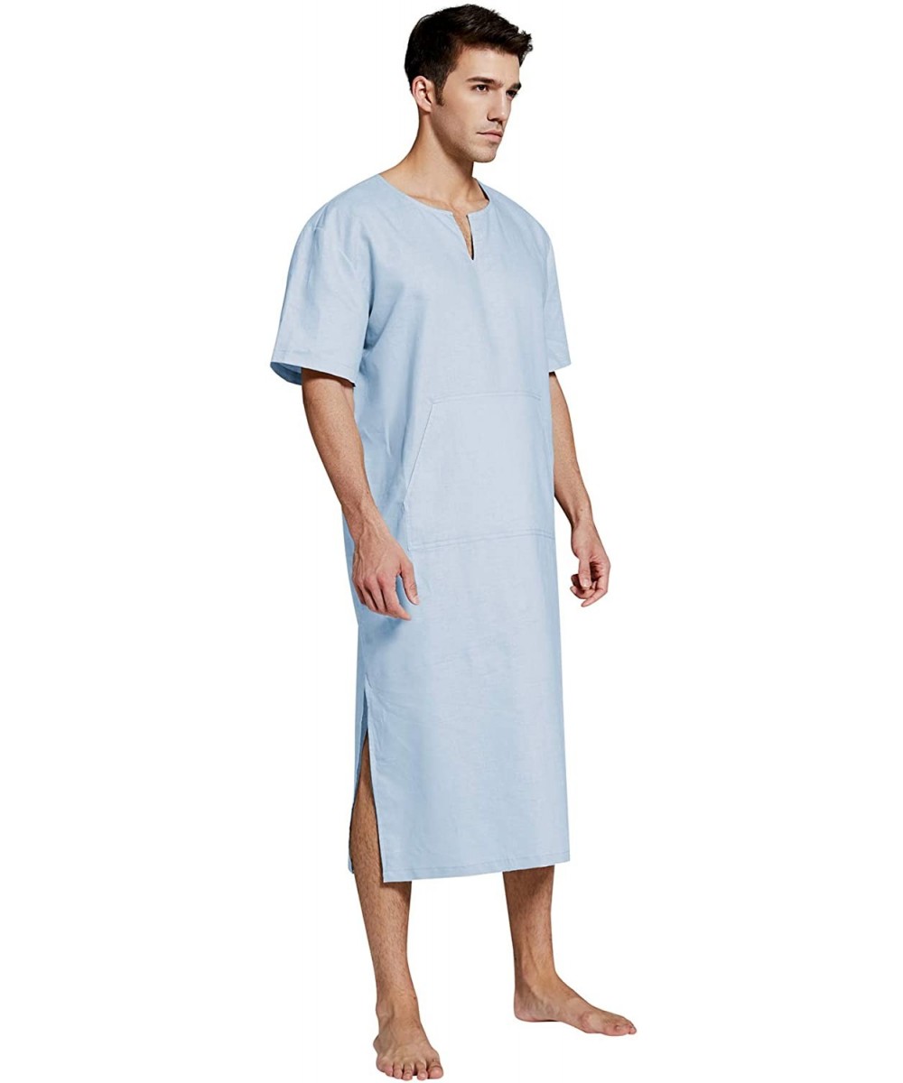 Robes Men's Natural Linen Robe Casual Caftan Cotton Thobe V Neck Long Gown Kaftan Nightshirt Loungewear - （short）light Blue -...