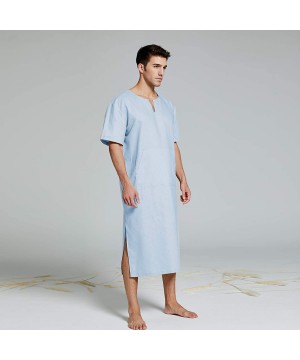 Robes Men's Natural Linen Robe Casual Caftan Cotton Thobe V Neck Long Gown Kaftan Nightshirt Loungewear - （short）light Blue -...