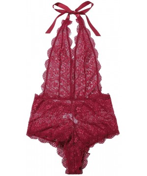 Shapewear Women Sexy Floral Lace Halter Top Scallop Trim Teddy Bodysuit - Burgundy - CK19C6U05AH