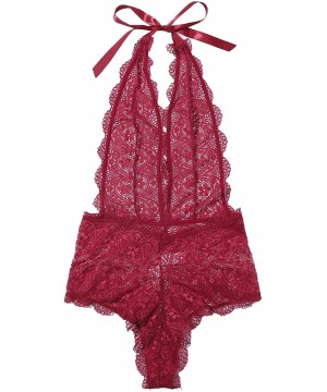 Shapewear Women Sexy Floral Lace Halter Top Scallop Trim Teddy Bodysuit - Burgundy - CK19C6U05AH