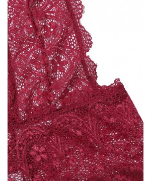 Shapewear Women Sexy Floral Lace Halter Top Scallop Trim Teddy Bodysuit - Burgundy - CK19C6U05AH