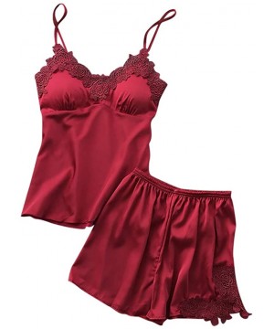 Tops Women Night Sleepwear Sexy Satin Sling Sleepwear Lingerie Lace Nightdress Underwear Set - Wine - CN1943D6WEG