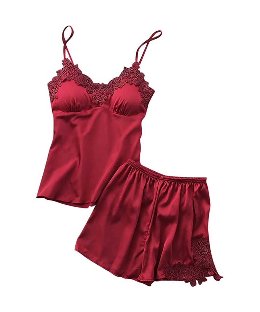 Tops Women Night Sleepwear Sexy Satin Sling Sleepwear Lingerie Lace Nightdress Underwear Set - Wine - CN1943D6WEG