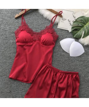 Tops Women Night Sleepwear Sexy Satin Sling Sleepwear Lingerie Lace Nightdress Underwear Set - Wine - CN1943D6WEG