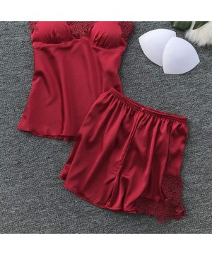 Tops Women Night Sleepwear Sexy Satin Sling Sleepwear Lingerie Lace Nightdress Underwear Set - Wine - CN1943D6WEG