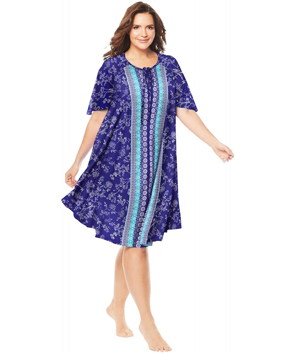 Nightgowns & Sleepshirts Women's Plus Size Short Sweeping Printed Lounger Nightgown - Blue Sapphire Floral (0544) - C219CYSII3M