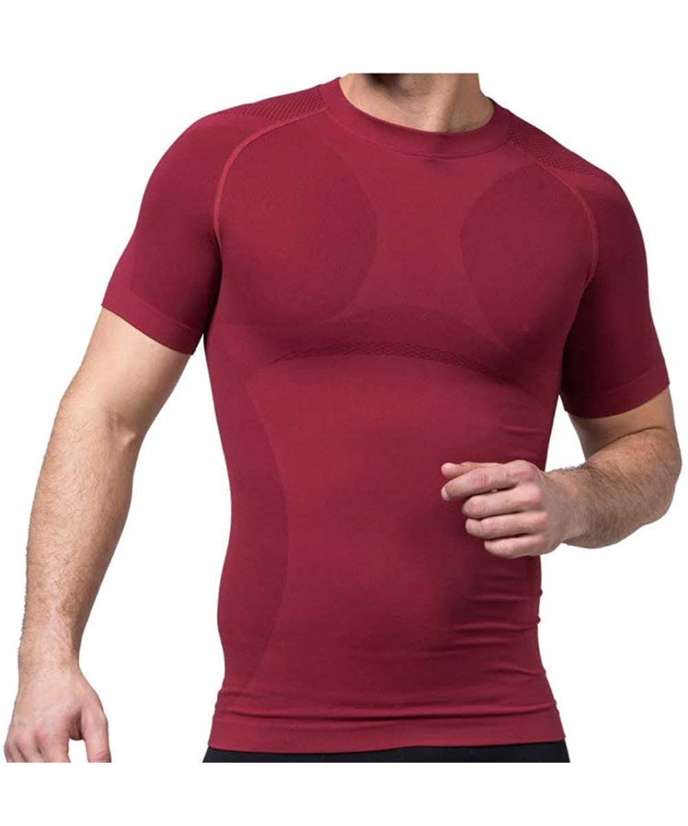 Shapewear Men's Cool Dry Short Sleeve Compression Shirts Workout Shirt Weight Loss Sports Base Layer T-Shirts - Red - C619E7L...