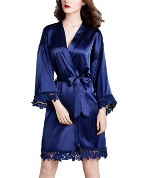 Robes Bath Robe Pajamas Women Lace Silk Kimono Dressing Gown Lingerie Robe - Dark Blue - C2194QXEQR4