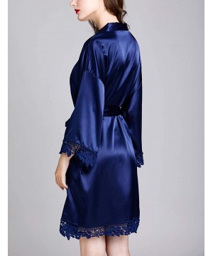 Robes Bath Robe Pajamas Women Lace Silk Kimono Dressing Gown Lingerie Robe - Dark Blue - C2194QXEQR4