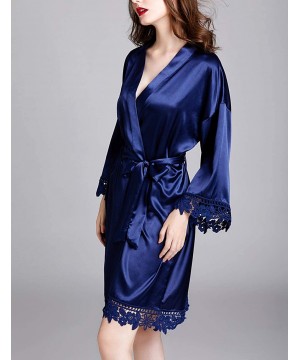 Robes Bath Robe Pajamas Women Lace Silk Kimono Dressing Gown Lingerie Robe - Dark Blue - C2194QXEQR4