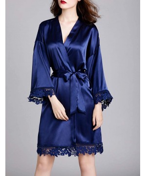 Robes Bath Robe Pajamas Women Lace Silk Kimono Dressing Gown Lingerie Robe - Dark Blue - C2194QXEQR4