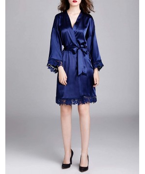 Robes Bath Robe Pajamas Women Lace Silk Kimono Dressing Gown Lingerie Robe - Dark Blue - C2194QXEQR4