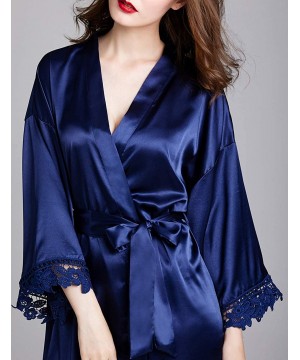 Robes Bath Robe Pajamas Women Lace Silk Kimono Dressing Gown Lingerie Robe - Dark Blue - C2194QXEQR4