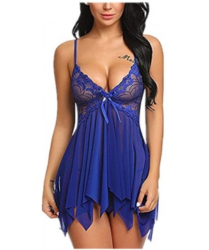 Garters & Garter Belts Women Lingerie Lace Deep V-Neck Plus Size Sleepwear Babudoll Underwear Chemise Nightdress - Z-blue - C...