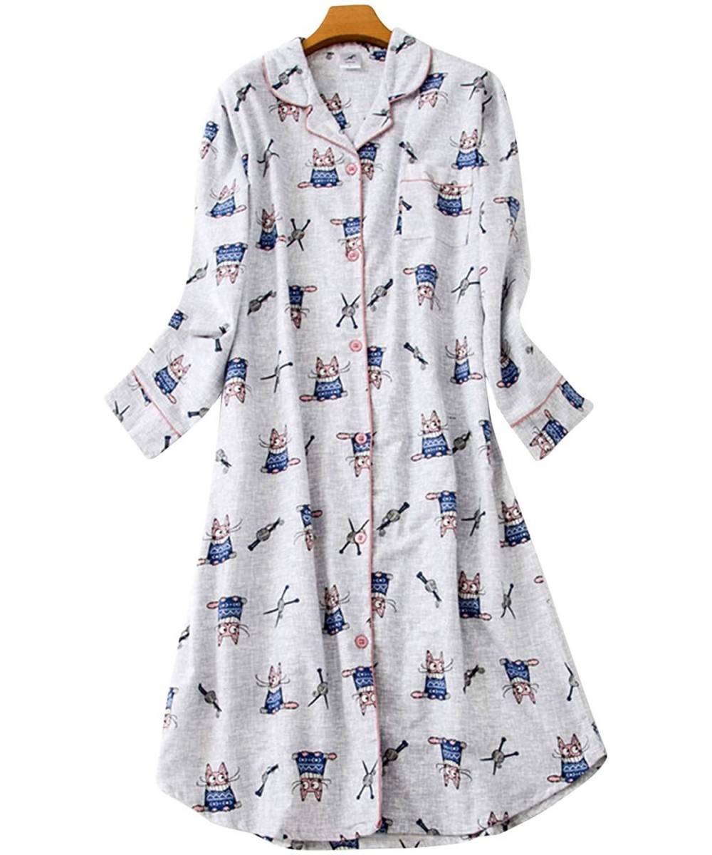 Nightgowns & Sleepshirts Womens Cute Pattern Sleepshirt 100% Cotton Sleepwear Button-up Shirt Dress Lounge Nightshirt - White...