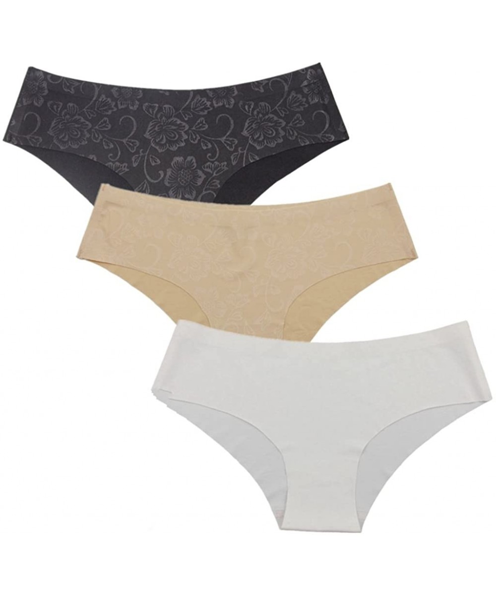 Panties Women Sexy Invisible Seamless Panties No-Show Bikini Underwear Hipster - 3 Pack-black-white-beige - CG187NAOC6U